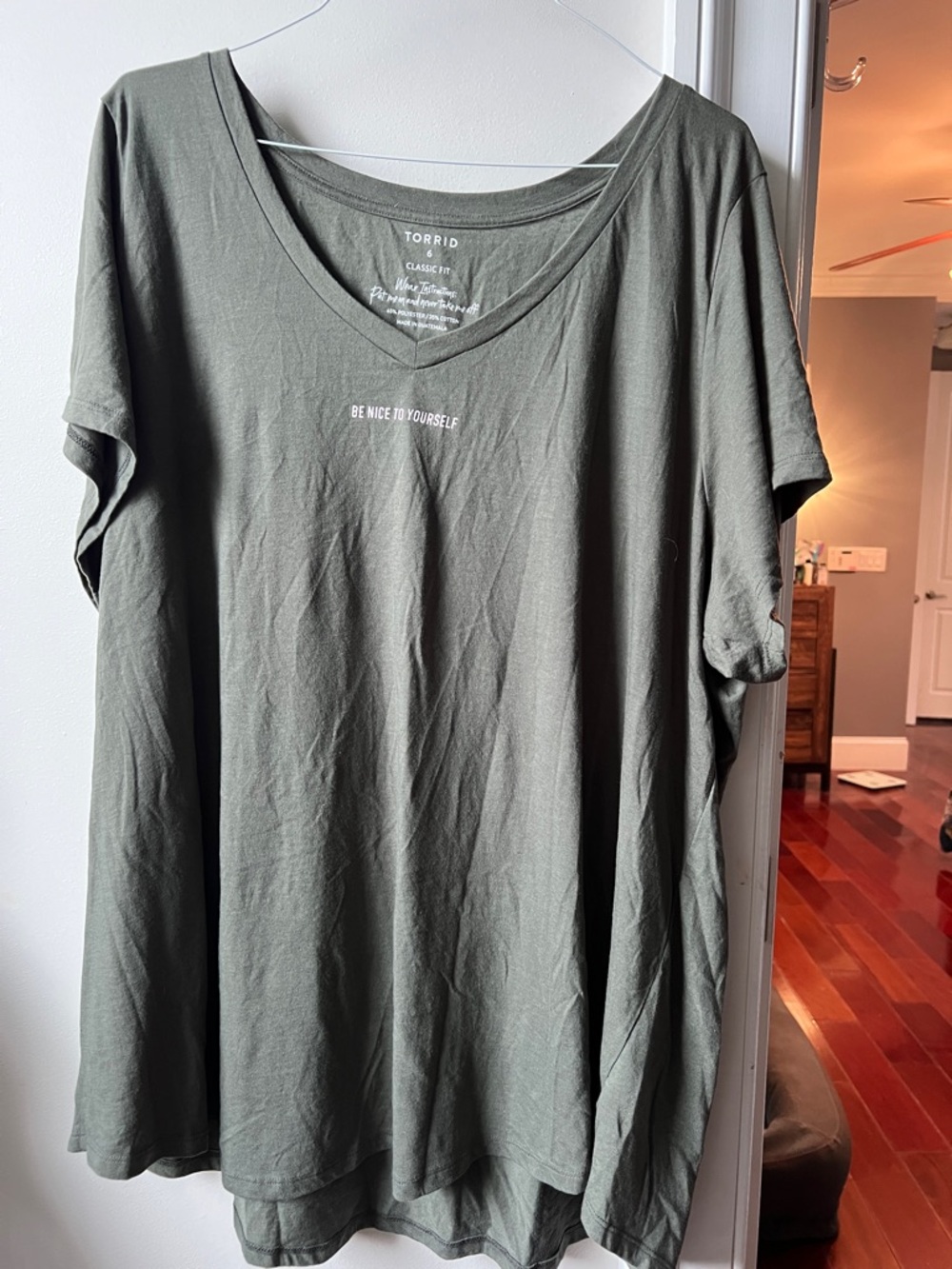 torrid Olive Green V-Neck Tee with 'Be Nice To Yourself' Chest Text